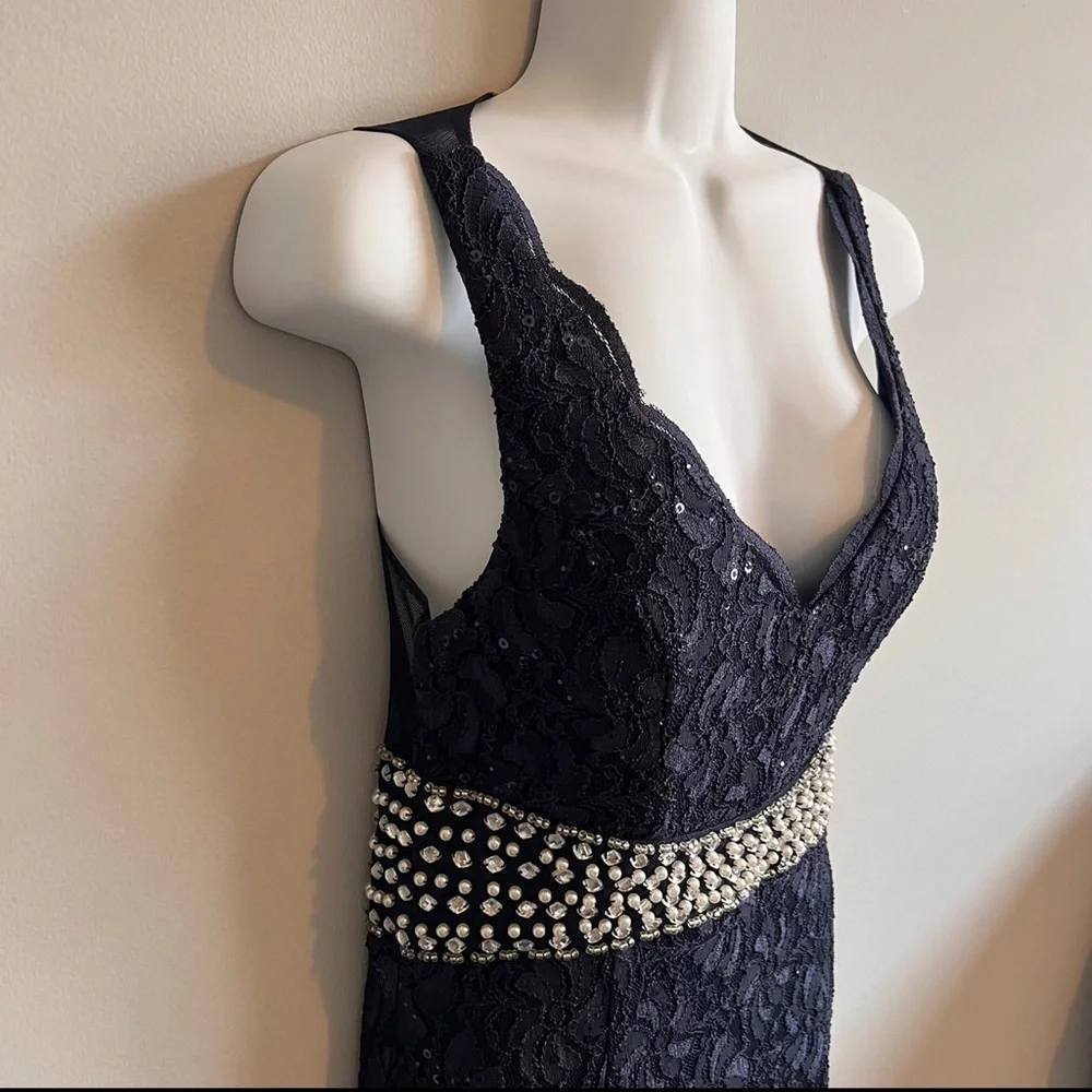 My Michelle 3 Navy Embellished Lace Long Prom Mermaid Dress